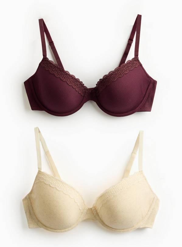Lace Detail Ribbed Plunge Bra 2 Pack 36DD